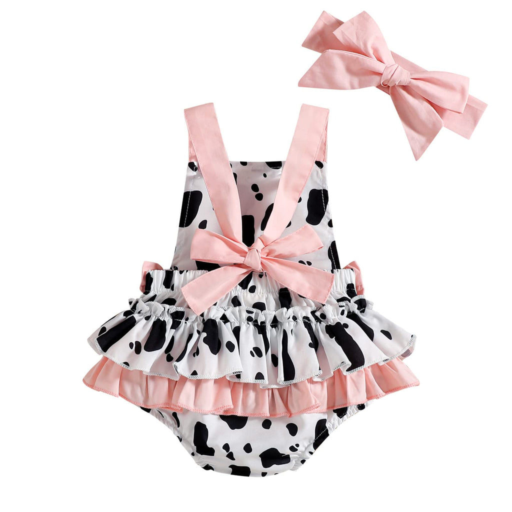 Girls Cow Print Romper Summer Sleeveless Backless Jumpsuit Ruffle Bowknot Tutu Dress Sunsuit with Headband Farm Cow