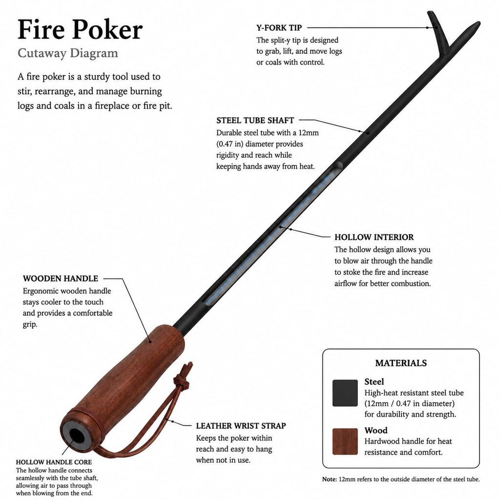 2-in-1 34inch Foldable Fire Poker for Fire Pit & Blow Stick, Wooden Handle