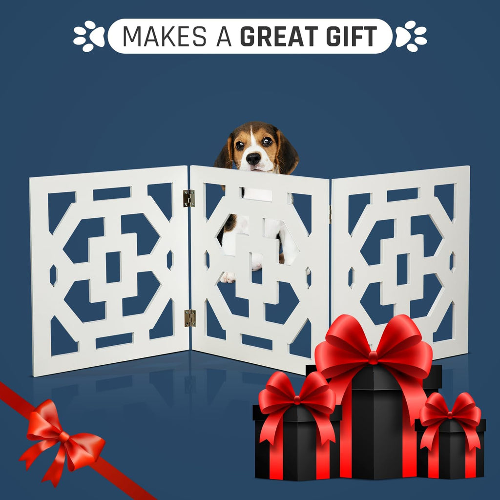 Freestanding Dog Gate Expandable Decorative Wooden Fence for Small to Medium Pet Dogs, Barrier for Stairs, Doorways