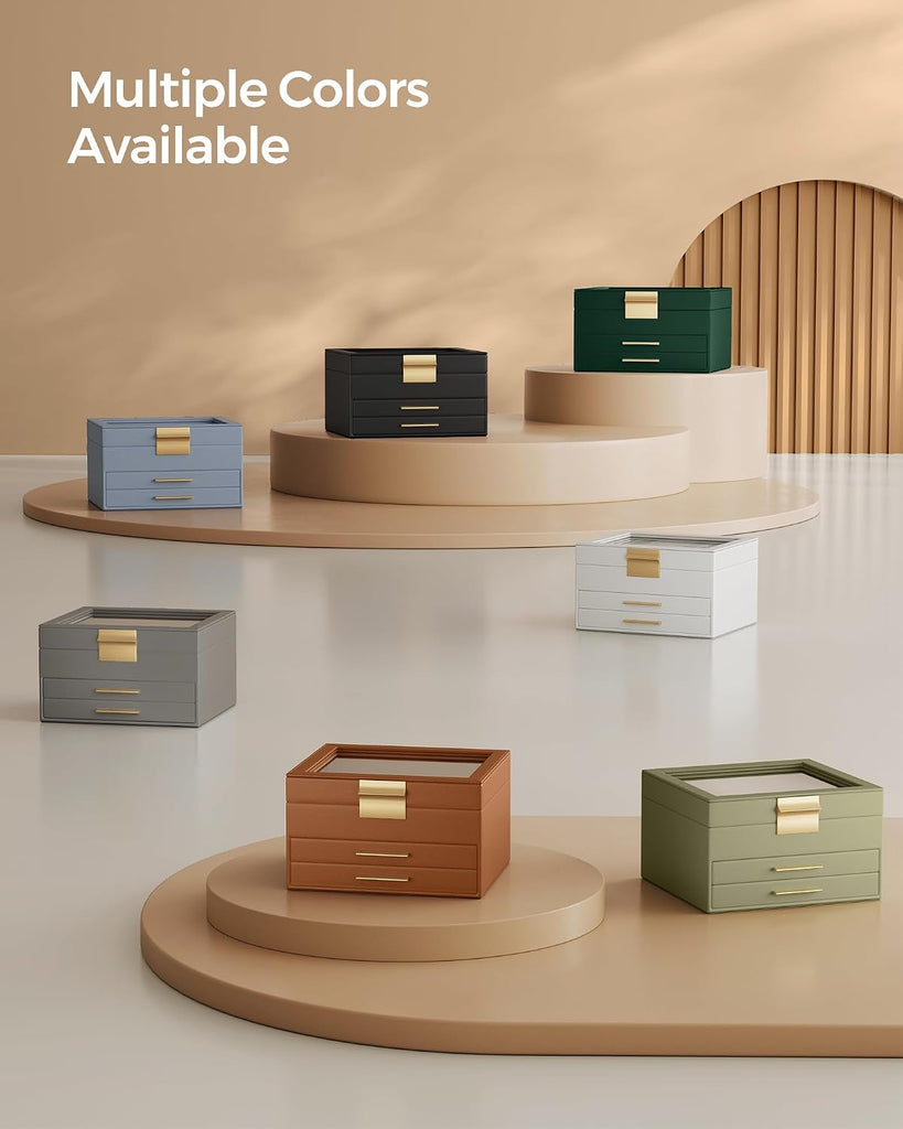 Jewelry Box Organizer, 3-Layer Storage with 2 Drawers, Glass Lid