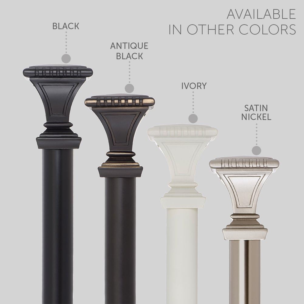 Decorative Window Curtain Rod - Carved Square Finials, 1 1/8 in Rod, 28 to 48 in. Black