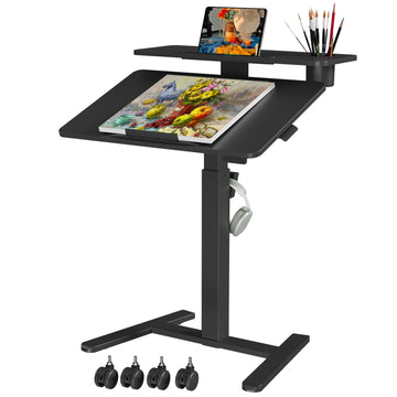 28" Mobile Standing Desk, Tiltable Top with 2-Tier Shelves, Black
