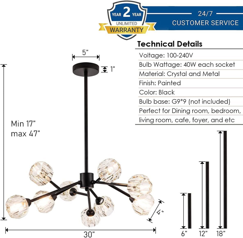 Sputnik Chandeliers for Dining Room Light Fixture Over Table, Modern Crystal Chandeliers, 9 Lights Black Lighting Fixtures for Living Room Bedroom Kitchen Island Bar A116-B08GFVGVM2