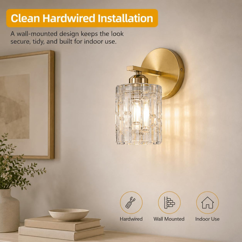 2-Pack 1-Light Modern Matte Black Crystal Wall Sconces, Hardwired Indoor Bathroom Vanity Light Fixtures, Crystal Over