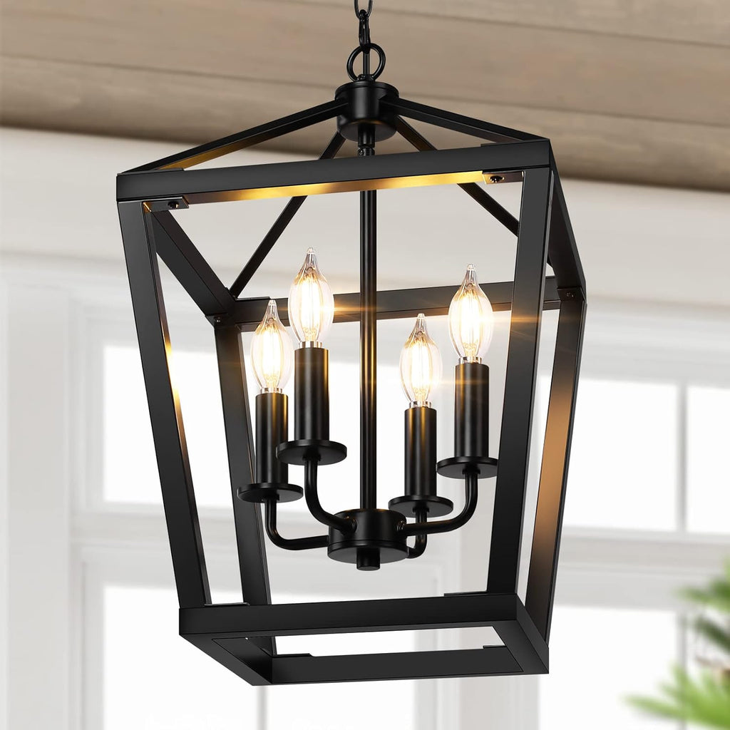 Farmhouse Chandelier 4-Light, Black Pendant Light Fixture Ceiling Hanging for Kitchen Island Dining Room, Lantern Industrial Lighting with Metal Cage Adjustable Height for Entryway Foyer A128-B0BN7WF864