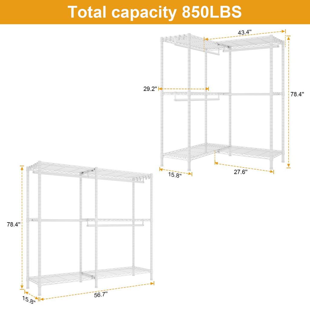 E15 Garment Rack L Shaped Clothes Rack for Corner, Freestanding Clothing Racks for Hanging Clothes, Heavy Duty Closet