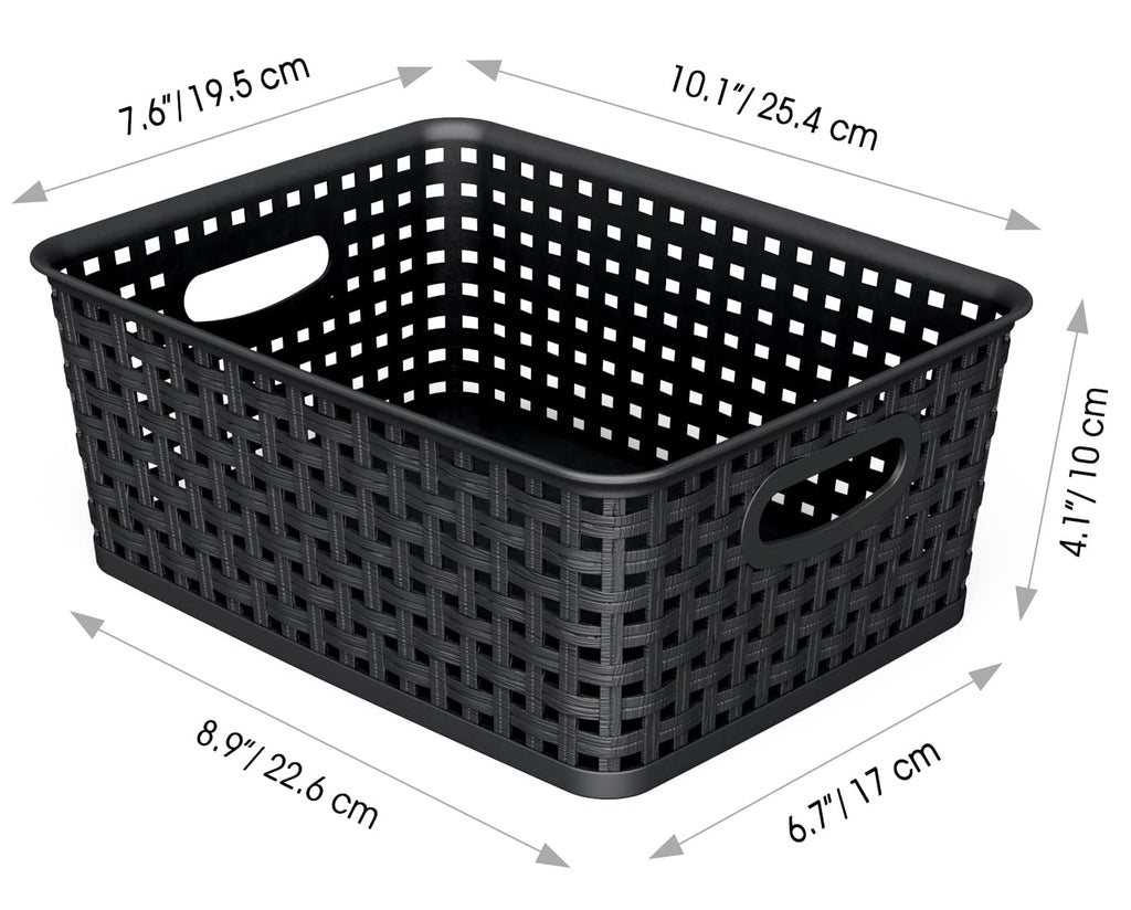 Woven Storage Organizer Basket, 6-Pack Black Plastic Weave Baskets, 10.1 x 7.55 x 4.1