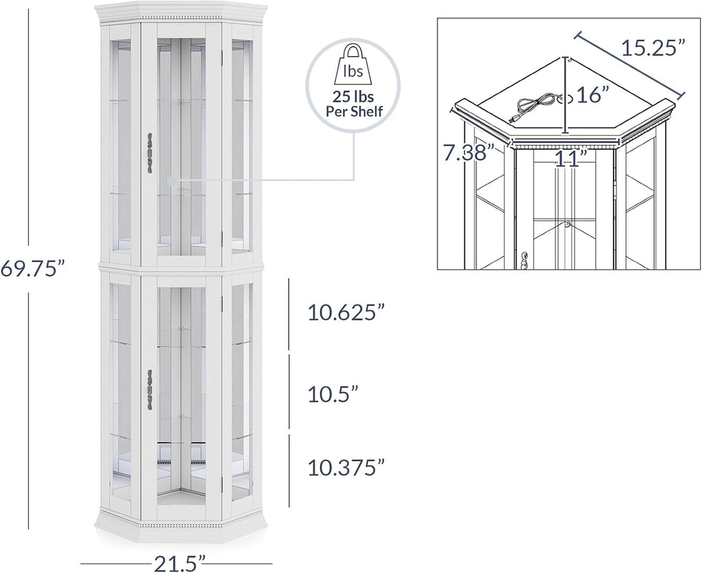 Lighted 3-Side Glass Display Curio Cabinet w/Tempered Glass Doors & Shelves, Accent Wooden Corner Cabinet with Bulb