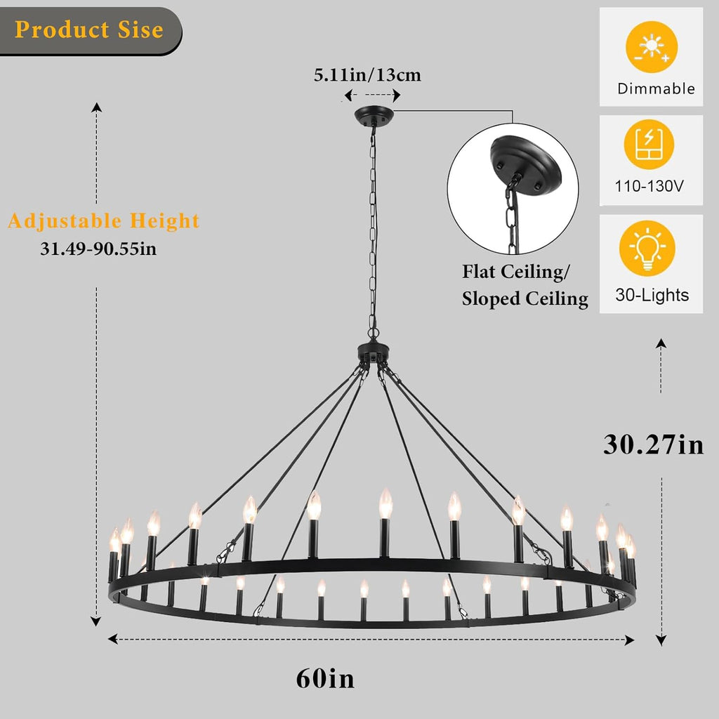 Inspired Camino Style Chandelier - Black Extra Large Wagon Wheel Chandelier, 60 inch 30 Lights Farmhouse Chandelier, Industrial Candle Round Pendant Light Fixture for High Ceiling Living Room Dining Room Entryway A105-B0CXXPC72R