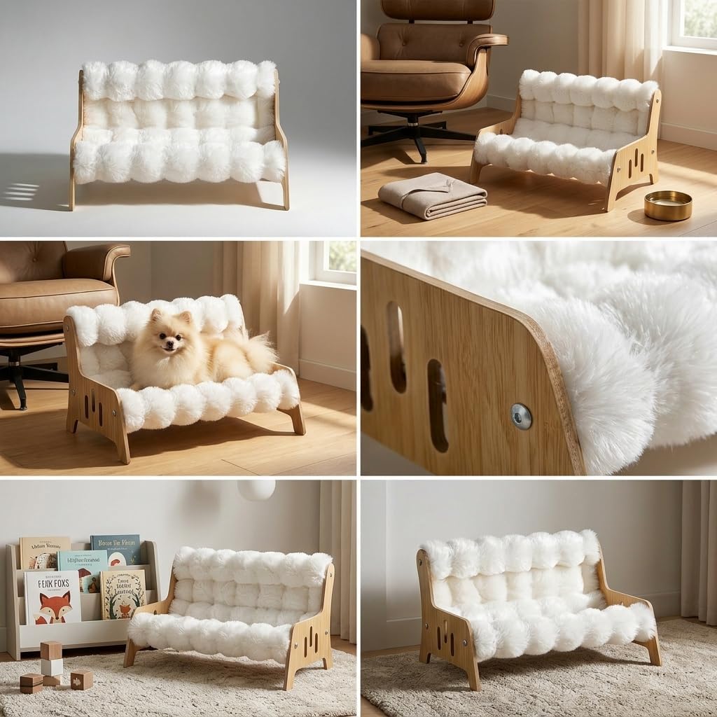 Elevated Pet Sofa Bed with Fluffy Plush Cushion Wood Frame