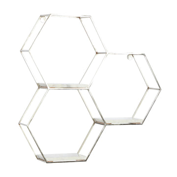 Metal Geometric Wall Shelf Hexagon with 3 Marble Shelves, 26" x 5" x 24", Silver