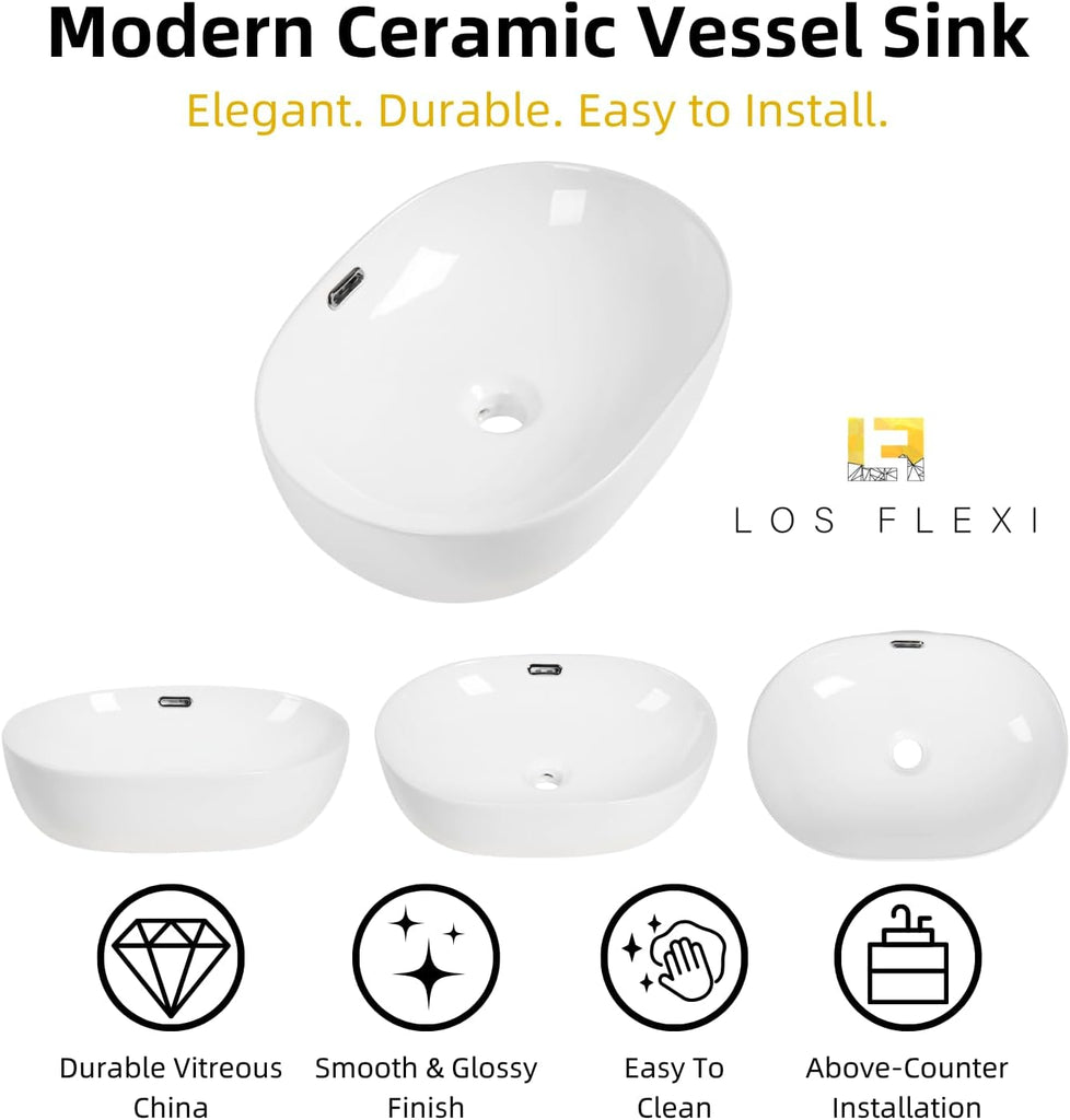 19"W x 14"D Oval Vessel Sink with Overflow, Los Flexi 19 Inch Oval White Ceramic Countertop Bathroom Sink