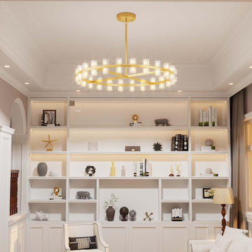 Inspired Arcachon Style Round Wagon Wheel Chandelier, 32" 32-Light Gold — Foyer, Dining & Living Room