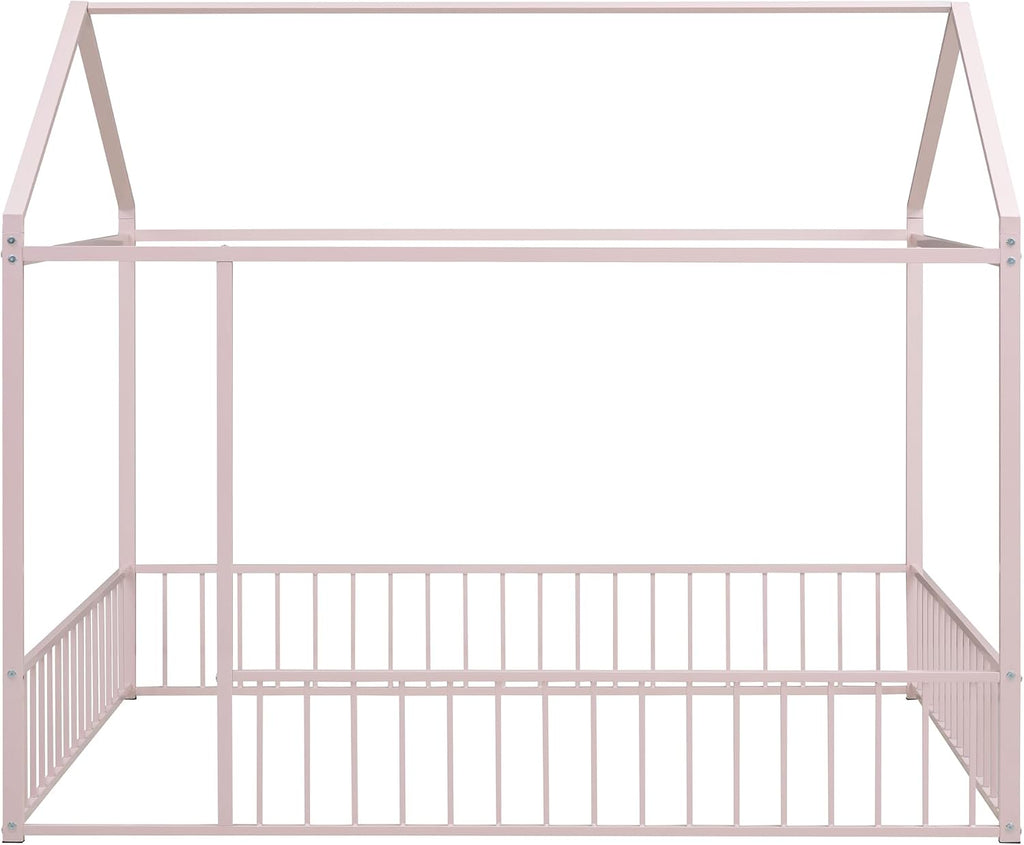 Floor Bed Frame with 13.2" HFull-Length Guardrails & Roof, Metal Montessori Floor Bed with Low