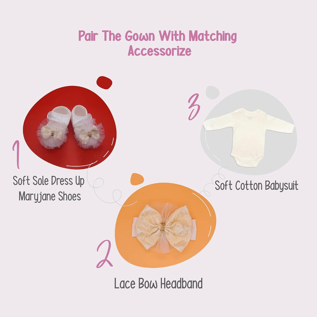 Newborn Baby Girl Lace Dress Set, 4 Pieces Outfit for Special Occasions (US, Age, 0 Months, Gold, Ivory (with Gift