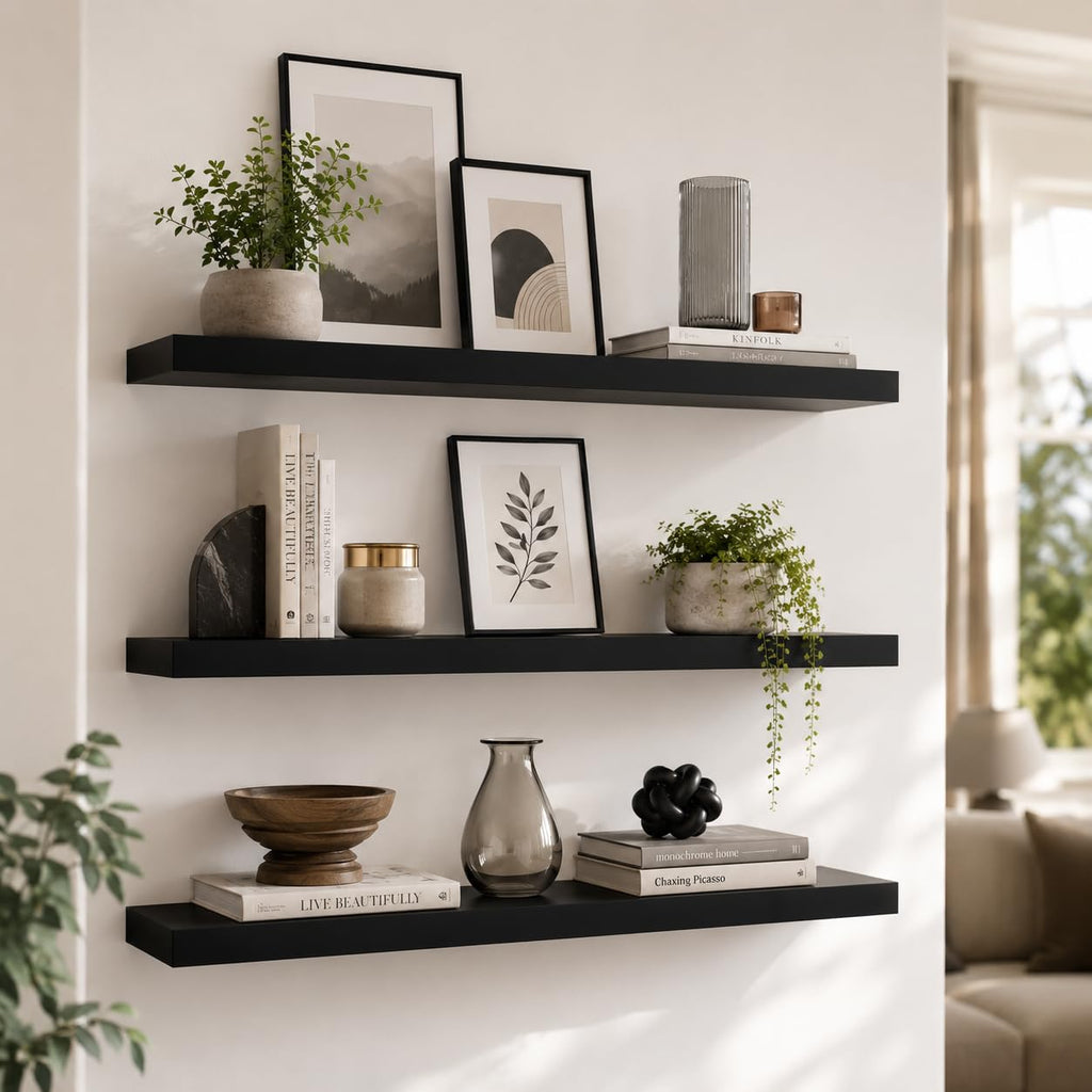 60" Black Floating Shelf, Long Wall Shelf