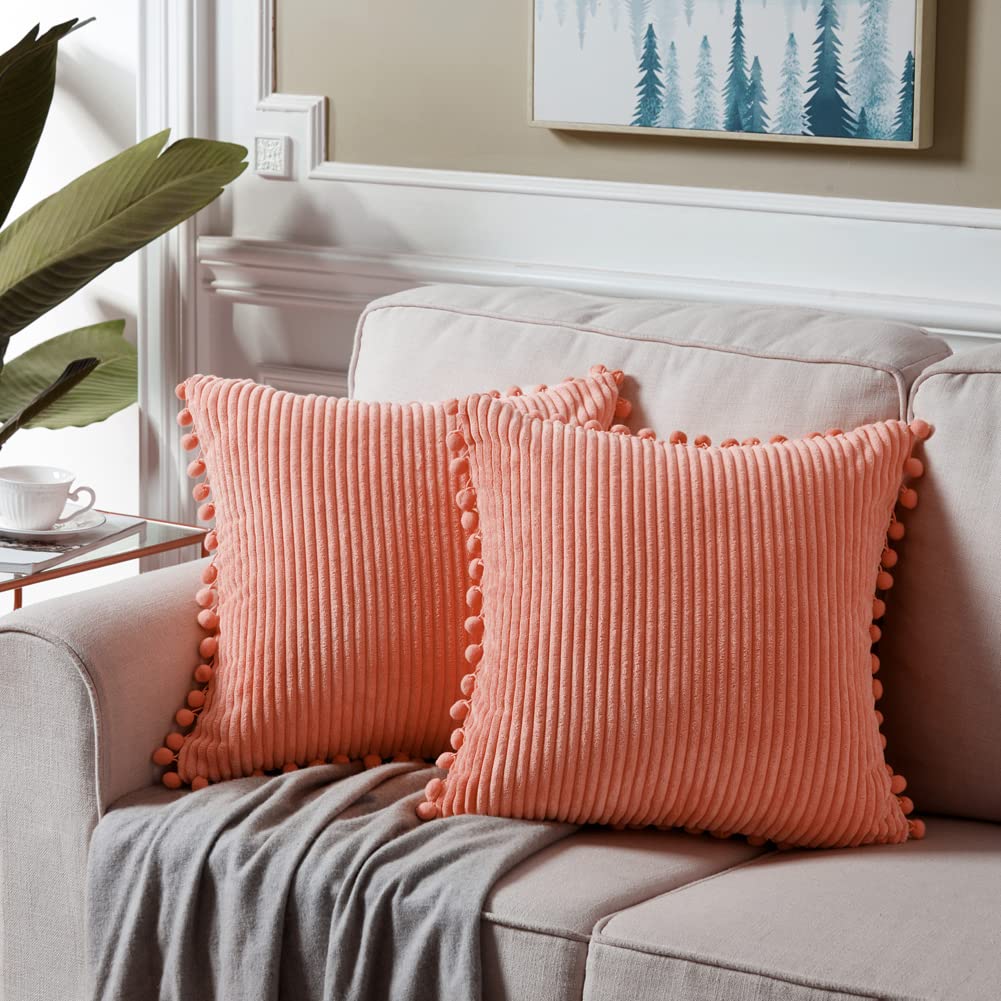 Coral 26x26 Pillow Covers Set of 2, Euro Pillow Covers with Pom-poms, Big Throw Pillow Covers for Couch Bedroom 66x66
