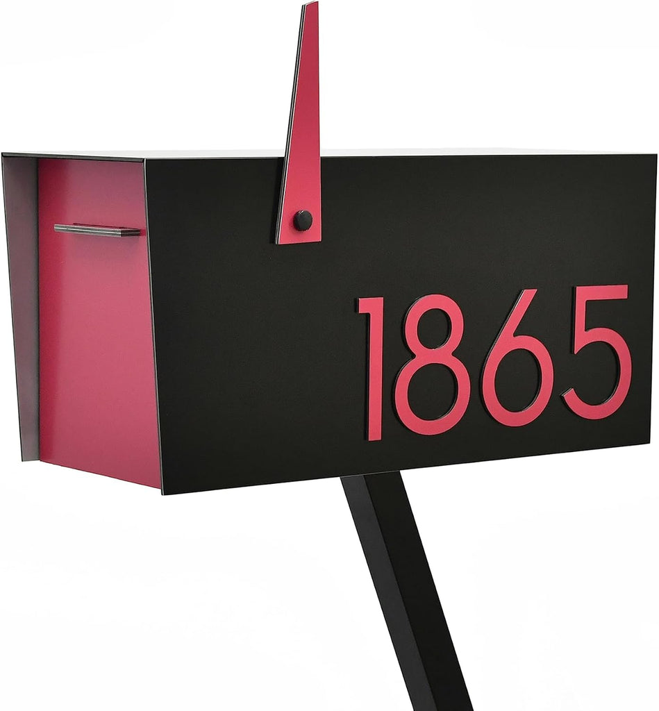 Contemporary Post-Mount Mailbox - Aluminum Black Body with Aluminum Door, Numbers and Flag - Large Customized Mailbox