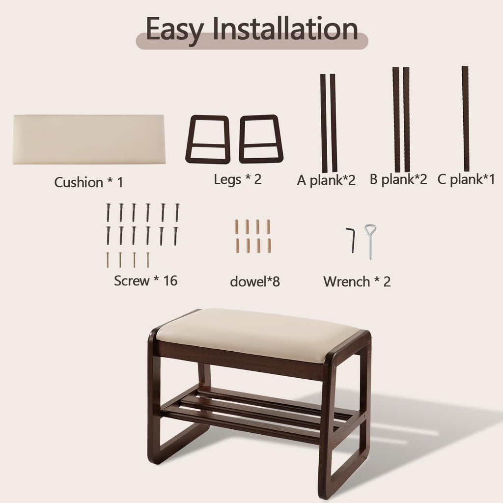 Small Shoe Rack Bench, 2 Tier Solid Wooden Entryway Bench(Beige)