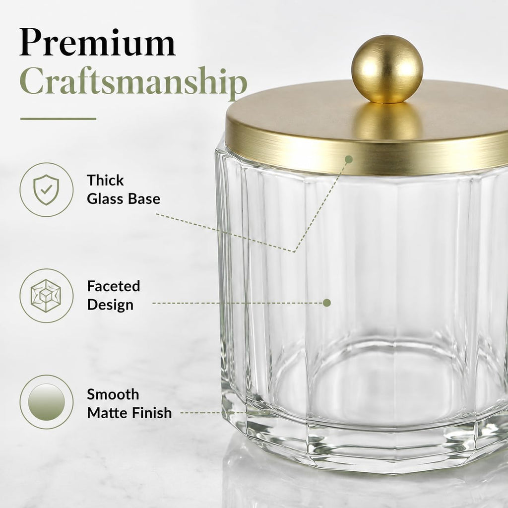 Clear Transparent Apothecary Octagional Shaped Glass Canister Jar With Gold Metal Lid Cover Organization, Cotton