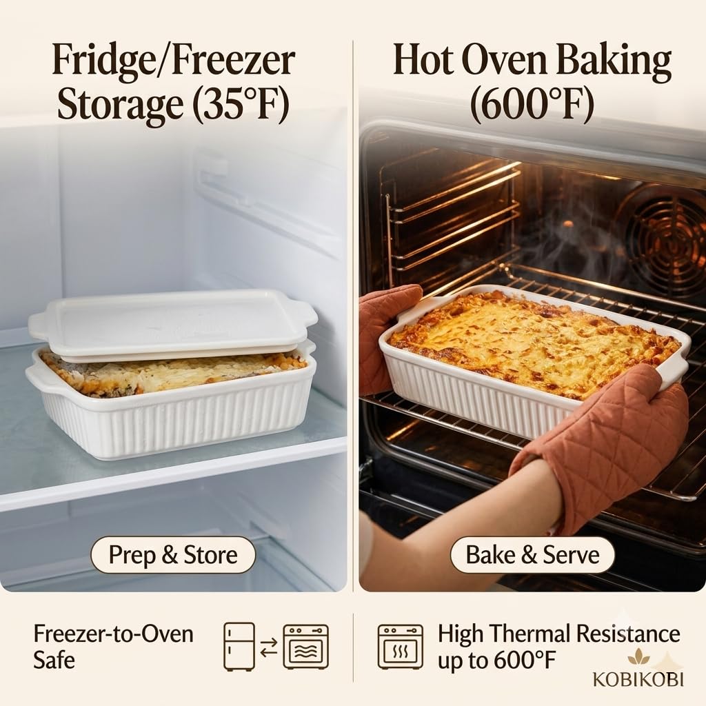 Rectangular Ceramic Baking Dish Set with Lids, Casserole Dishes for Oven