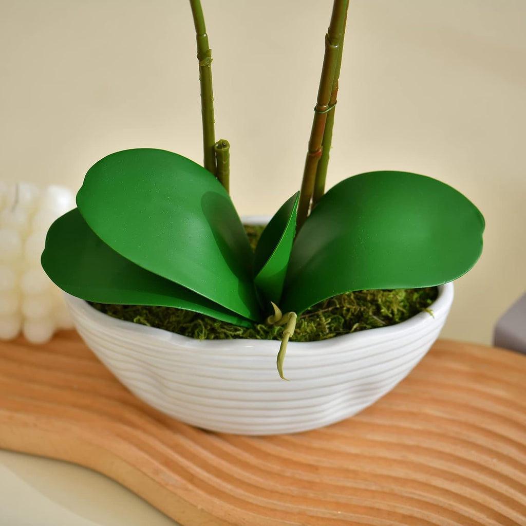 Large Artificial Orchid Arrangement in Oval Ribbed Ceramic Pot, Dark Purple