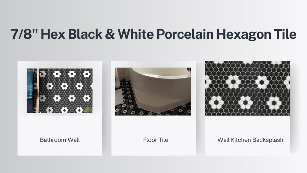 Classic Black & White Hexagon Flower Porcelain Mosaic Tile - 1x1 Floral Hex Pattern for Floor, Shower & Backsplash