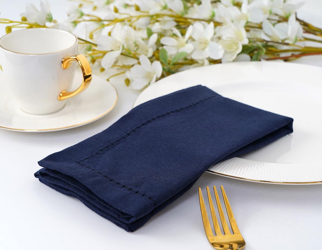 Navy Blue Hemstitch Linen Napkins Set of 12-100% Cotton Cloth Dinner Napkins 18x18 inches, Soft, Reusable, Absorbent