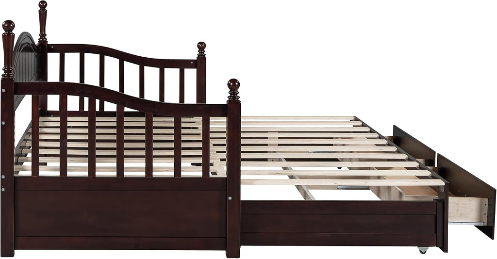Modern Wood Daybed with Pop Up Trundle Twin to King Extendable Sofa Bed Frame for Kids Teens Adults/No Box Spring