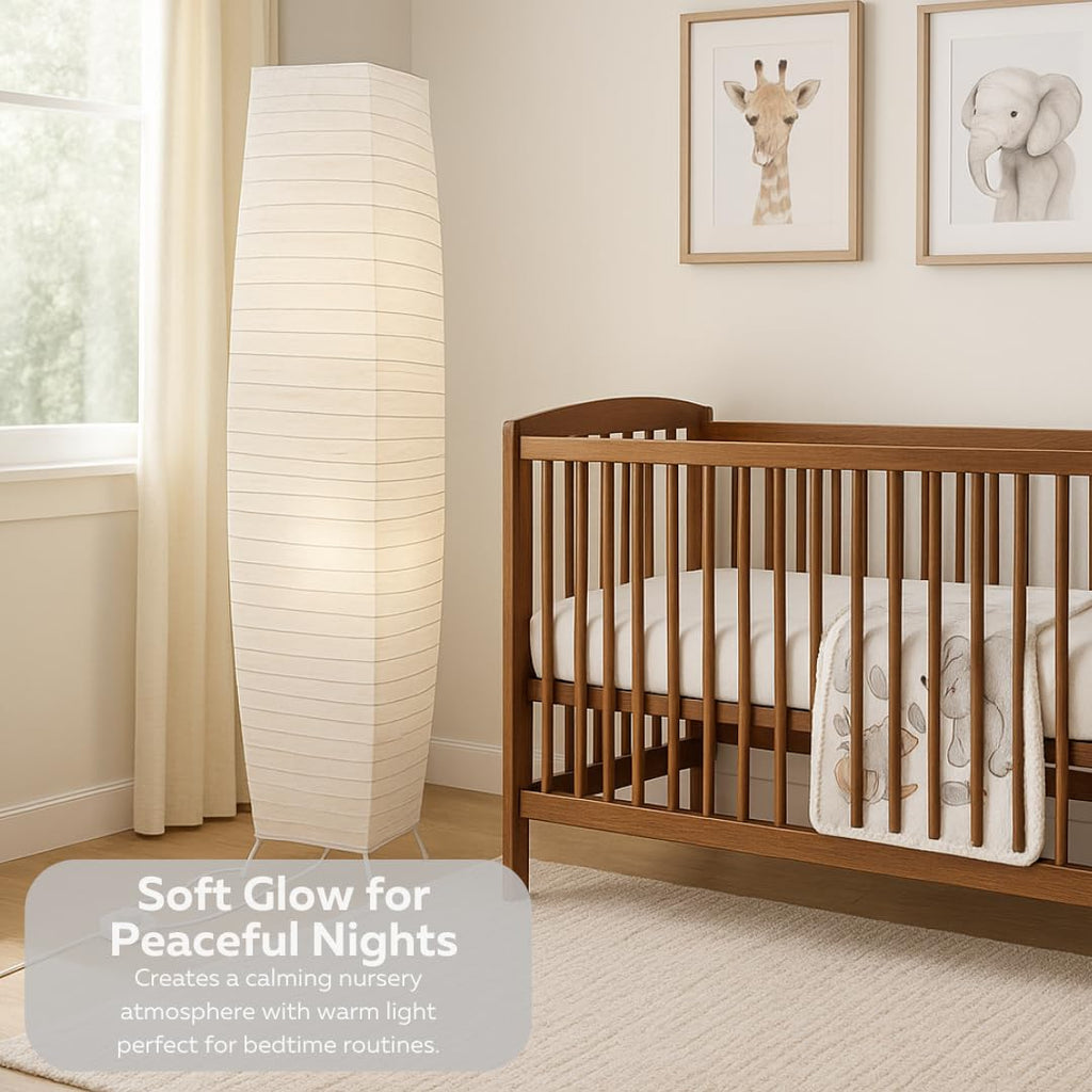 59" Rice Paper Floor Lamp with 12" Wide Shade, Modern Japanese Lantern Standing Lamp with Chrome Base and Foot Switch