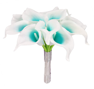 Artificial Wedding Floral Set Turquoise and White Calla Lily with Silver Ribbon and Bling (1 Dozen Throw Bouquet)