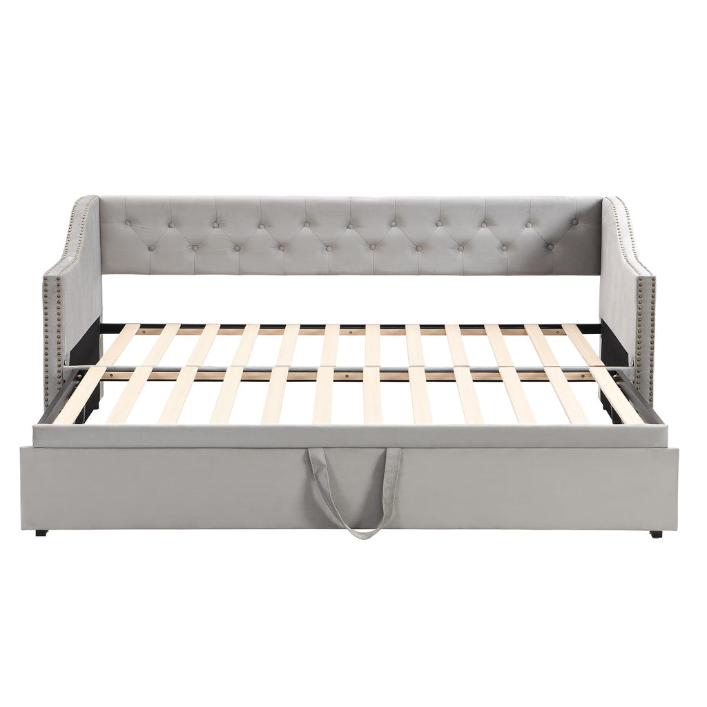 Twin Size Upholstered Daybed with Pop up Trundle, Velvet Day Bed Frame with Extendable Trundle, Twin to King
