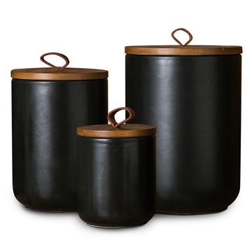 Black Ceramic Canister with Bamboo Lid, 3-Piece Airtight Jars