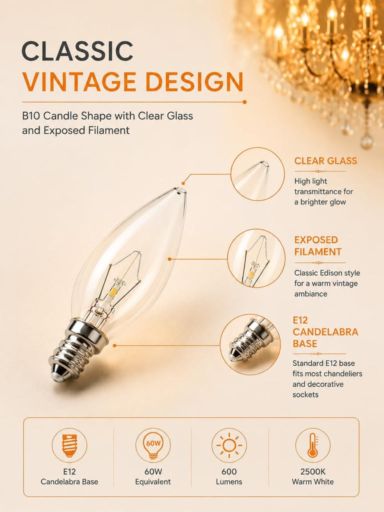 E12 60 Watt Incandescent Candle Light Bulbs, Chandelier Light Bulbs for Ceiling Fan, Vanity, Outdoor - Warm White