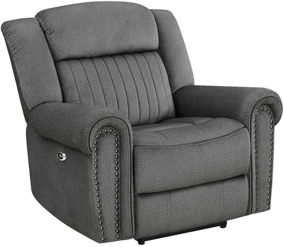 Microfiber Power Reclining Chair, Charcoal Textured Fabric, Nailhead Trim, 40"H x 41"W x 38"D, Solid Wood Frame