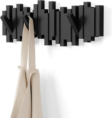 Sticks Wall-Mounted Coat Rack Rail Hook with 5 Retractable Pegs - Modern, Space-Saving Storage Organizer, Black