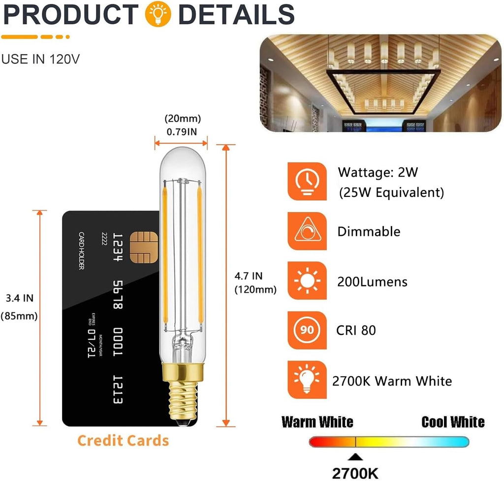 T20 T6 Small LED Bulb Long Filament 2W Equal 25 Watt E12 Candelabra Edison Tubular LED Light Bulb Dimmable 2700K Warm