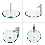 Bathroom Vessel Sink, Tempered Glass Vanity Round Bowl with Chrome Faucet and Pop up drain Set, Clear