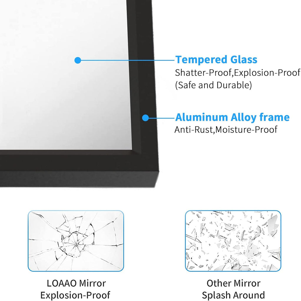 40"X30" Black Rectangle Bathroom Mirror Wall, Matte Black Aluminum Alloy Frame, Tempered Glass, Hangs Vertically or