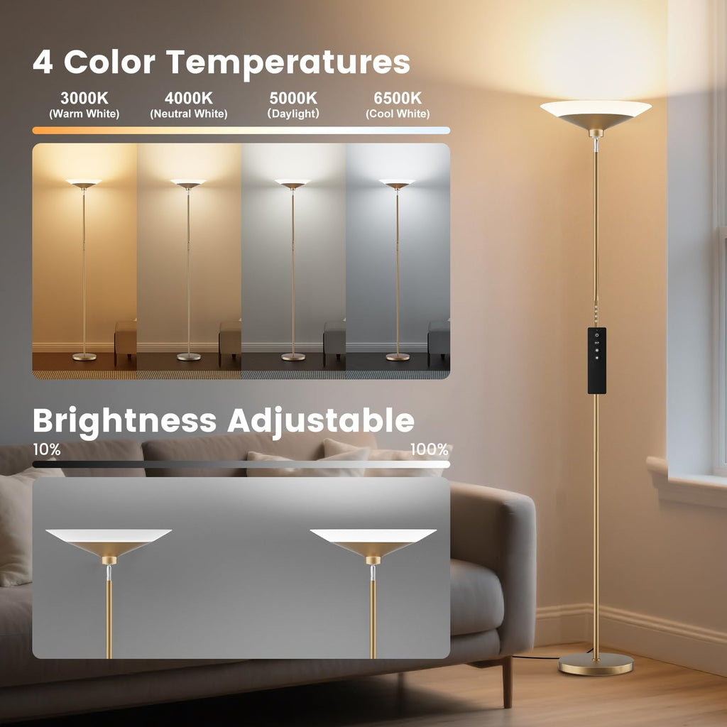 Torchiere Floor Lamp - 72" Tall LED Standing Lamp with Remote/Button Control, 1800Lm - 30W Dimmable Modern