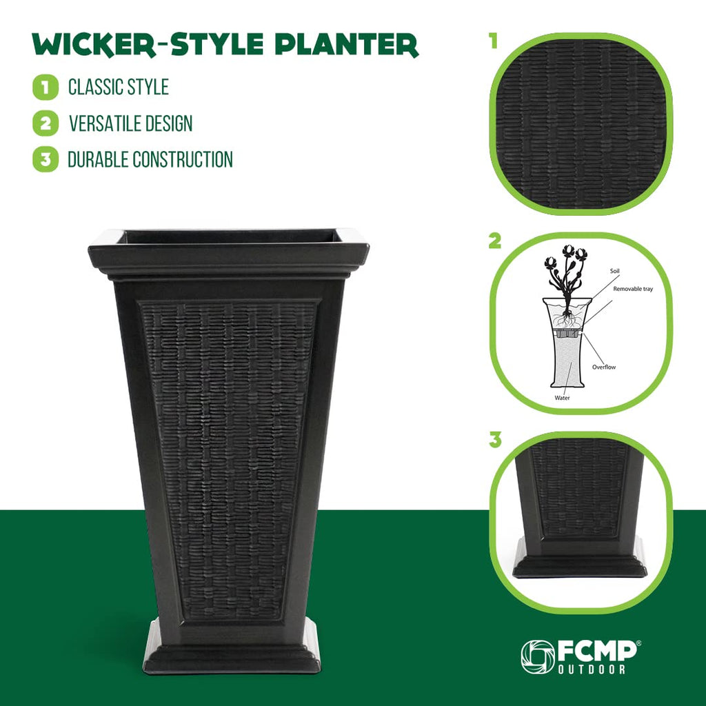 Wicker-Pattern Self-Watering Planter (2-Pack) - Set of 2 Large Planters for Porch, Patio, Outdoor/Indoor