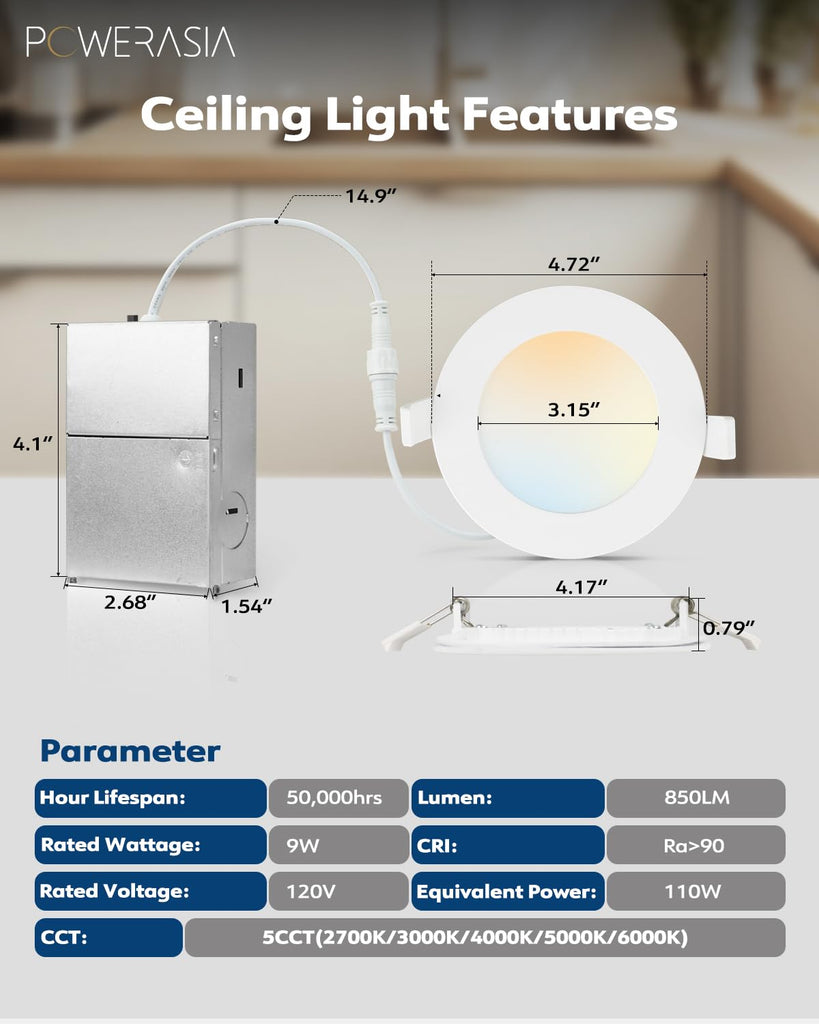 24 Pack 4 Inch LED Recessed Lighting, 5CCT Canless Wafer, White