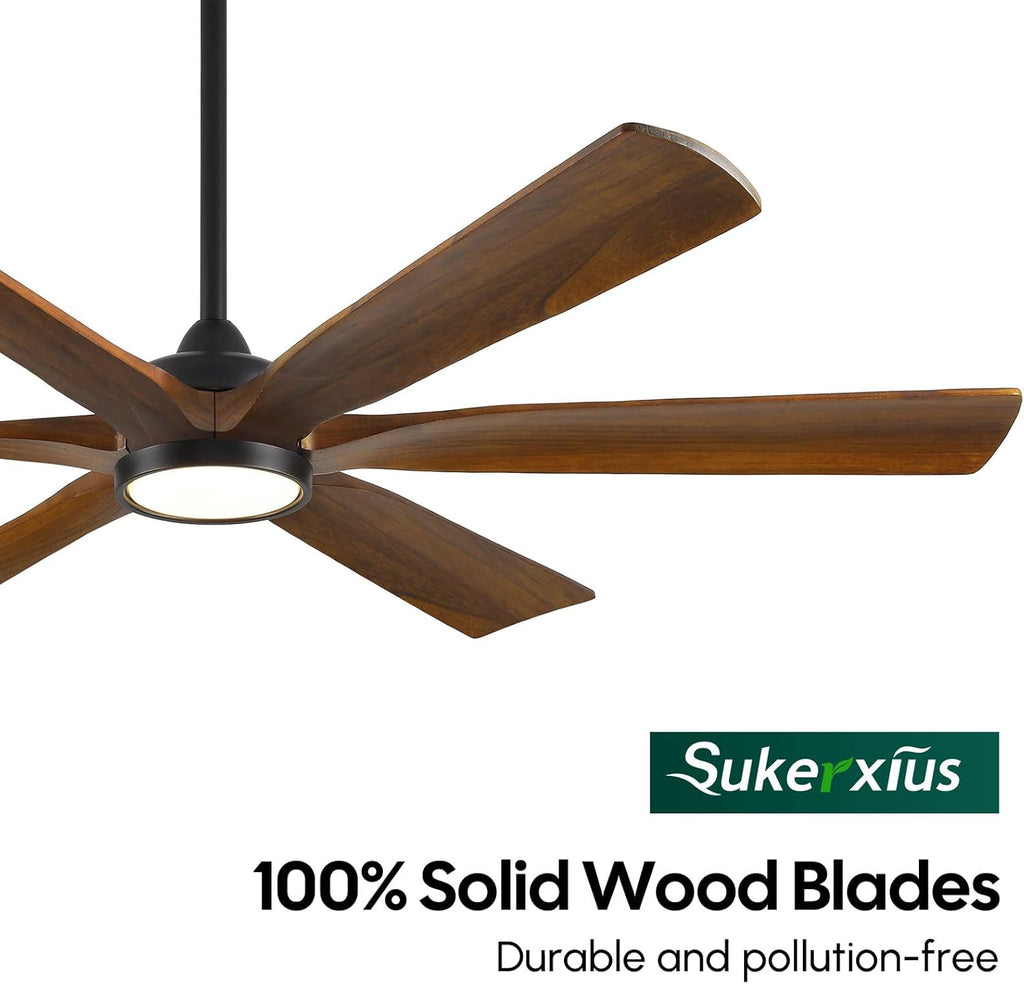 60 Inch Ceiling Fan with Light and Remote, Rustic Farmhouse Style, 6 Brown Solid Wood Blades