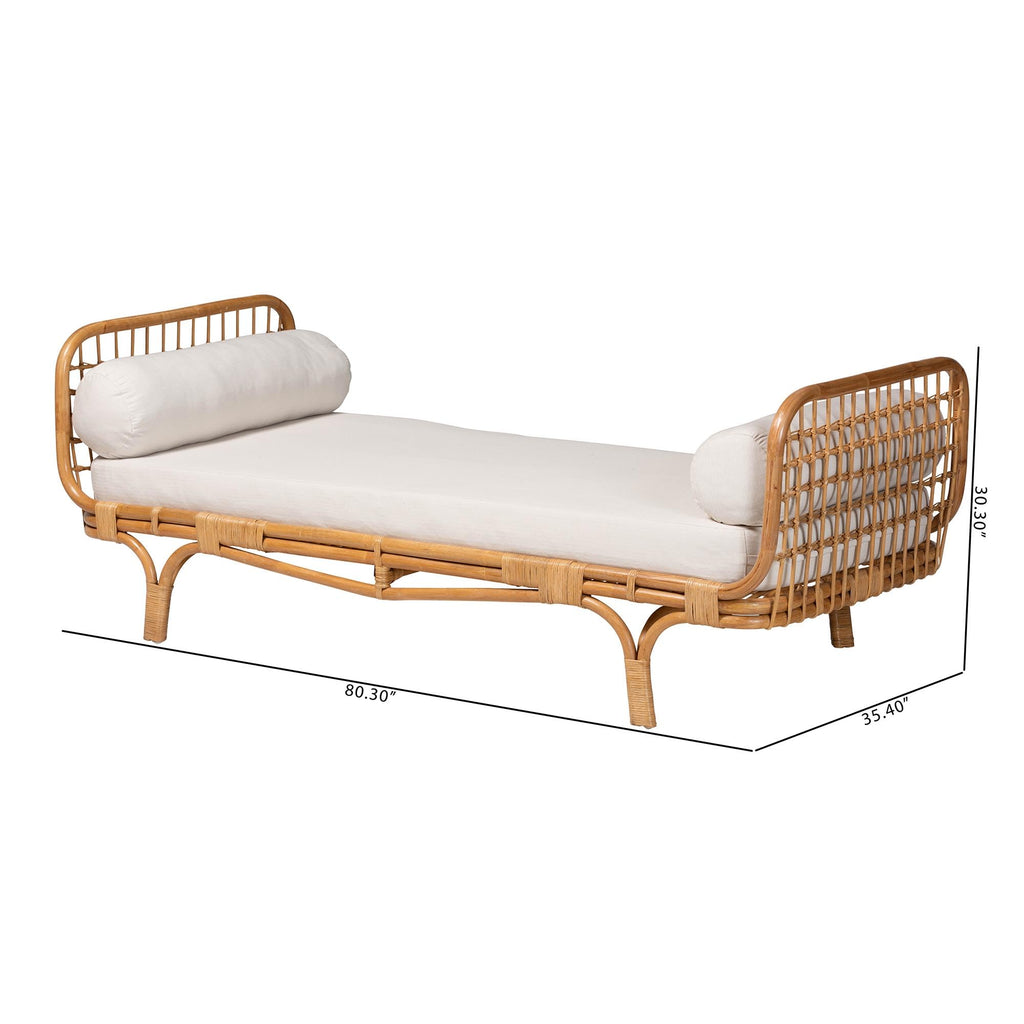 Aiko Handwoven Natural Rattan Daybed with Cushion - Boho Coastal Lounge Bed, or Sunroom
