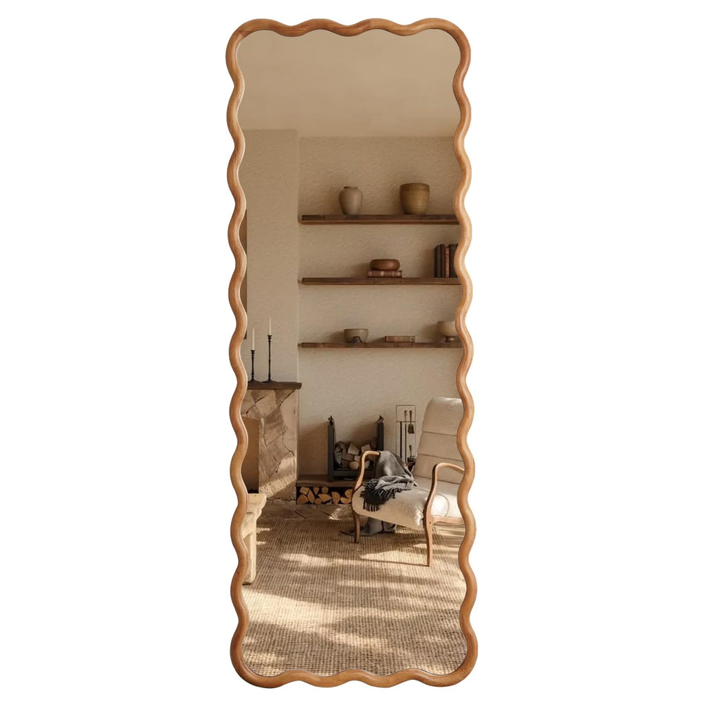 24"x65" Wood Full Length Mirror, Arched Natural Wood Boho Wavy Floor Mirror, Long Full Body Mirror Hanging