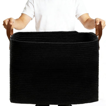 89L Extra Laundry Basket with Leather Handles, Woven Cotton Rope Blanket Basket, Toy Bin for Baby Room, Laundry Hampers