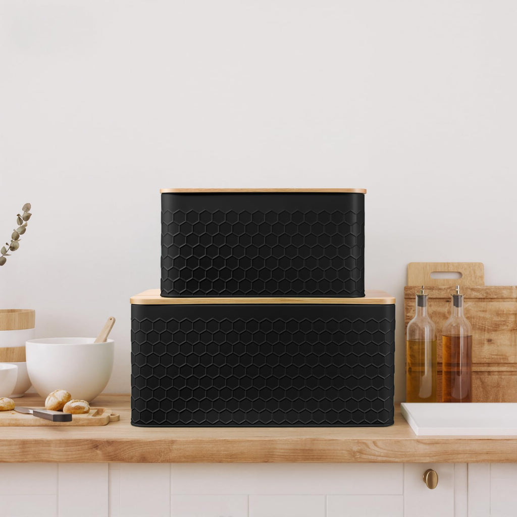 Metal Set of 2 with Bamboo Lid, Modern Bread Storage Containers with Air Vents, Bamboo Cutting Board Lid, Farmhouse