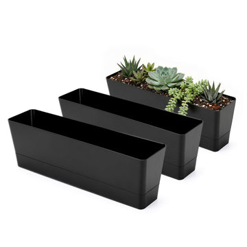 3PCS 16x3.8 Inch Window Boxes Planters, Black Rectangle Planters Box with Drainage Holes and Trays, Herb Succulents