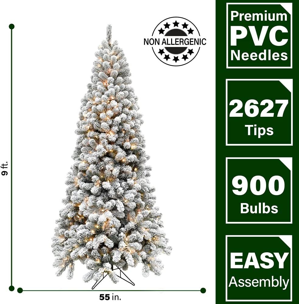 Alaskan Flocked Christmas Tree, Tall, Faux Tree with White Incandescent Smart Lights, Lights with Easy to