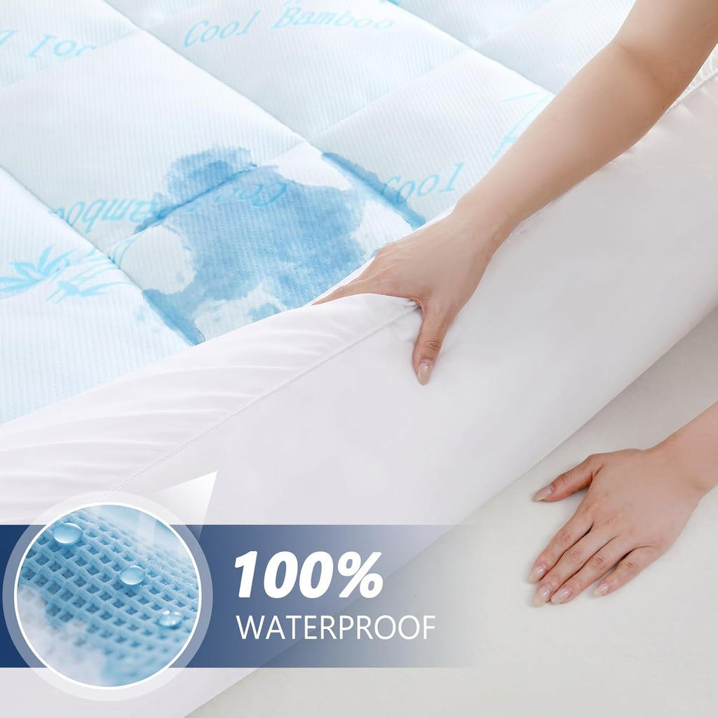 100% Waterproof Full Mattress Topper, Viscose Derived from Bamboo | Cooling Pillow Top Memory Foam Mattress Topper